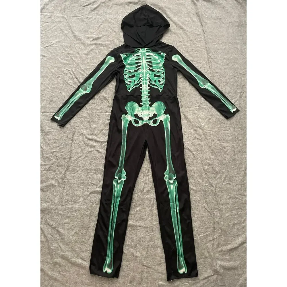 New Skeleton Kids Size M/8-10 Yrs Glow in the Dark Black Halloween Costume